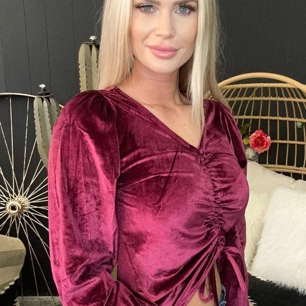 Chic Velvet Ruched Blouse in Deep Wine